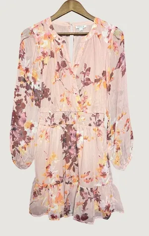 Venus Floral Mini Dress Women XS Pink Excellent Smocked Waist Long Sleeve thumbnail 1