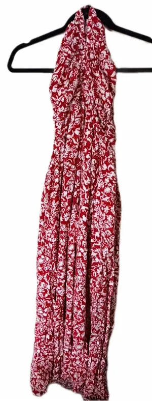 Red and white ruched halter wedding guest maxi dress L thumbnail 1
