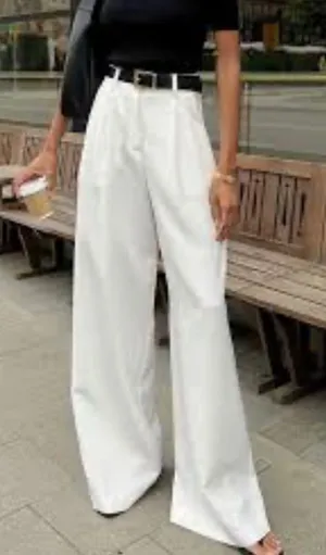 Commense White High Waisted Wide Leg Pleated Trousers Pants Medium NEW thumbnail 1
