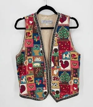 Vintage Paula Elise open front vest 90s patchwork farm novelty print size S/M thumbnail 1