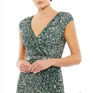 Mac Duggal 5489 Womens Green Cap SLEEVE SEQUINED HIGH SLIT GOWN thumbnail 4