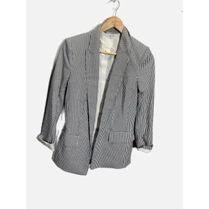 H&M Striped Blazer Women Size 2 Navy Blue White Pinstripe Open Front Business thumbnail 2