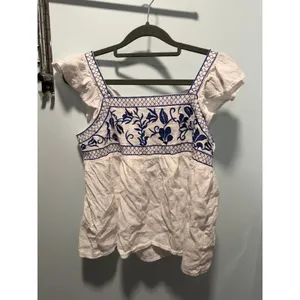 Shein Womens White Blue Embroidered‎ Swiss Dot Ruffle Sleeve Tie Back Top Small thumbnail 2