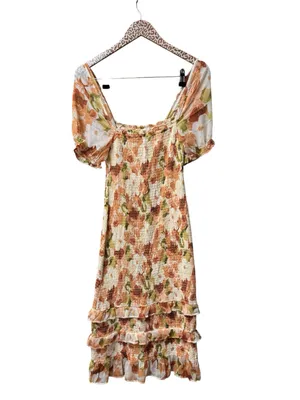 Abercrombie & Fitch Smocked Short Sleeve Floral Ruffle Midi Dress Orange Small thumbnail 2