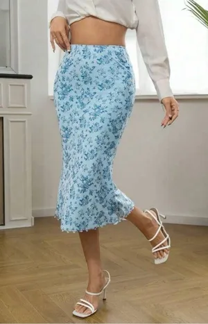 SHEIN Floral Print Lettuce Trim Mermaid Hem Skirt, Baby Blue, Size S, NWOT thumbnail 3