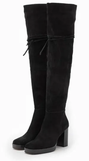 Free People Black Tall Boots Size 8 Leather Platform Square Toe Heeled thumbnail 1