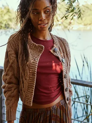 Free People • Bonfire Cable Knit Cardi cropped cardigan sweater chunky brown thumbnail 8