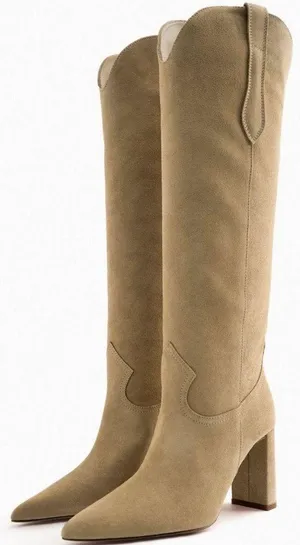 ZARA boots leather suede tan camel high tops knee heels heeled cowboy thumbnail 1