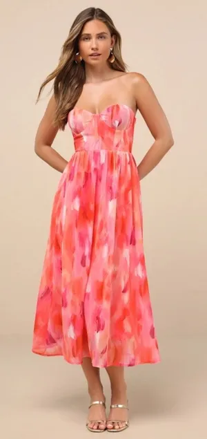 NWT Lulus Aysel Coral Pink Abstract Strapless Bustier Midi Dress Cruise Vacay XS thumbnail 1