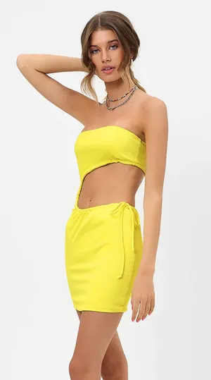 Frankie’s Bikinis Yellow Renee Plisse Strapless Tube Bodycon Mini Cutout Dress thumbnail 2