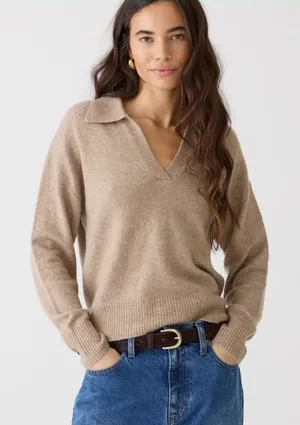 J. Crew Polo Knit Sweater Extra Soft Yarn Sz M in Tan Collared Office Minimalism thumbnail 1