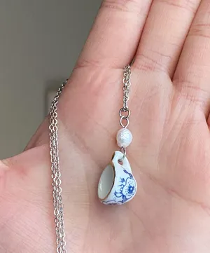 Handmade porcelain tea cup & freshwater pearl unique fun fairy antique style necklace🫖🍃🌀 thumbnail 7