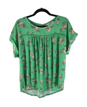 Ann Taylor Loft Floral Green Short Sleeve Blouse Lace Detail Womens Size L thumbnail 1