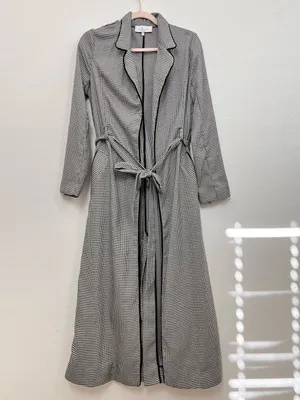 L'Academie Black White Houndstooth Long Trench Coat Women's Small Belted thumbnail 3