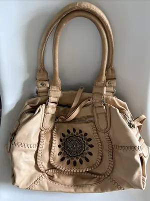 Lockheart Beige Leather Beaded Shoulder Bag Lockheart Handbag Stained thumbnail 1