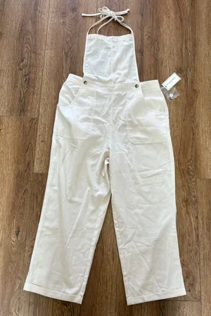 NWT No Comment Womens Cream Wide Leg‎ Overalls Size Large boho cottage cotton thumbnail 1