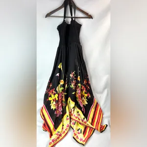 Beautiful Whimseygoth Festival Black Floral Scarf Hem Maxi Dress w Yellow n Red thumbnail 4