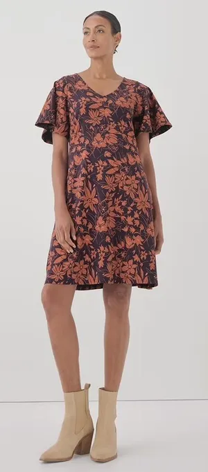PACT Easy Fit & Flare Dress Plum Botanical Organic Cotton Flutter Sleeve Small thumbnail 1