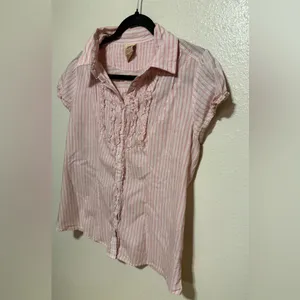 Faded Glory Pink Striped Button Up Blouse Ruffle Top | Cottagecore Casual Shirt thumbnail 3