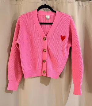 Women’s A New Day Pink V-Neck Button Front Cardigan with Red Heart thumbnail 1