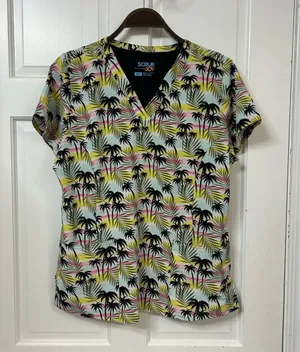 Scrub Joy Women's Short Sleeve Palm Print V-Neck Top - Multi Yellow Pink Black thumbnail 1