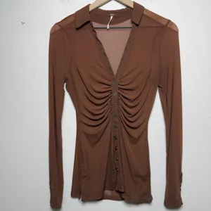 Free People Women Lucky Mesh Shirtee Top XS Brown‎ Mesh Ruched Button Up thumbnail 3