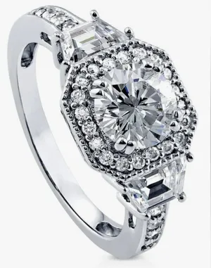 Sterling Silver Round Cubic Zirconia Halo Art Deco Ring (5) thumbnail 1