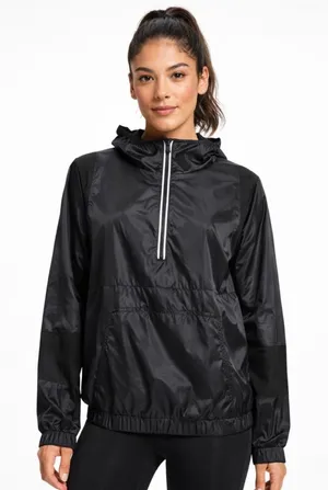 Fabletics Ziva Quarter Zip Windbreaker Jacket Kangaroo Pocket Black Sz M💛 thumbnail 1