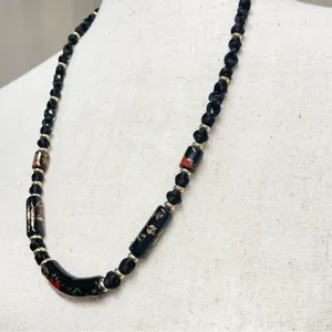 Vintage Black Floral‎ Ceramic Bead Cord Necklace Witchy Goth Romantic thumbnail 4
