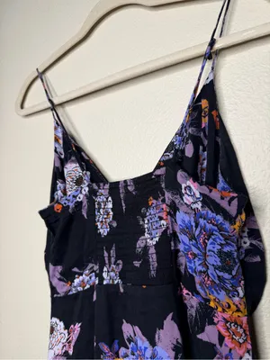 Free People Women Happy Heart Floral Mini Dress S Black Purple Ruched Tie Front thumbnail 7