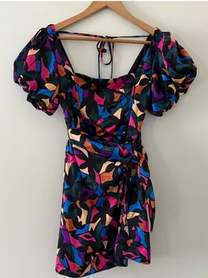 Show Me Your Mumu Danielle Mini Dress Geometric Multicolored Puff Sleeve Size M thumbnail 5