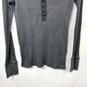 Aerie‎ Small Top Charcoal Gray Ribbed Waffle Knit Henley Long Sleeve Lounge 1469 thumbnail 4