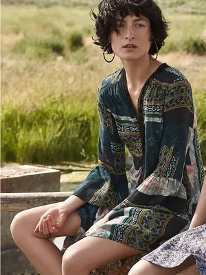 Anthropologie Maeve Patchwork‎ Lace Trim Peasant Mini Dress Tunic Green Size XS thumbnail 1