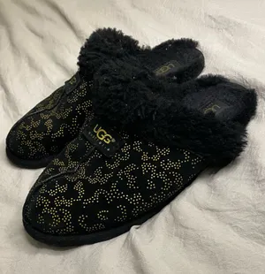 Used UGG Black Suede Slip-On Slippers with Gold Stud Patte women size 8 thumbnail 1