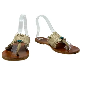 Henry Cuir‎ Slide Sandals Leather Woven Rattan Beaded Tan Brown Size 38 US 8 thumbnail 4