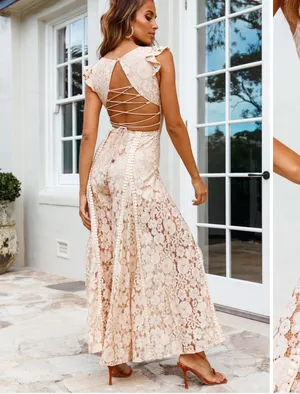 NWT Selfie Leslie Take Note Laced-Back Frill Shoulder Lace Jumpsuit Nude boho jumpsuit thumbnail 2