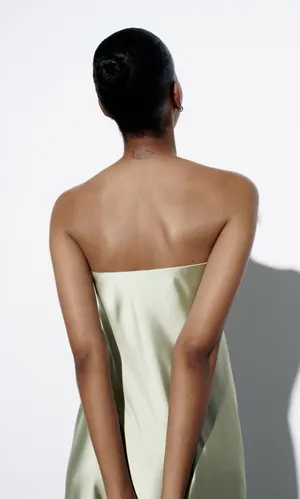 ZARA midi dress satin sleeveless tube olive green wedding party summer thumbnail 12