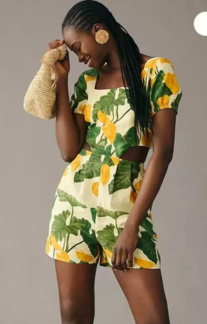 Farm Rio Tropical Anthurium Cutout Romper XS Yellow Green Linen thumbnail 1