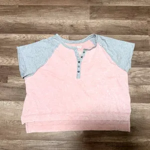 SO Women's Pink Acid Wash Raglan Henley Short Sleeve Top‎ XL Heather Gray Trim thumbnail 2