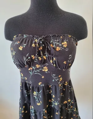 No Boundaries Dark Floral Midi Dress Milkmaid Festival Cottage Maiden Fairy Tiered Smocked thumbnail 1