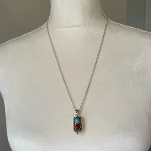 Turquoise & Coral Stone Silver Pendant Necklace. thumbnail 2