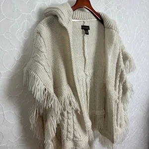 Madden NYC Womens Ruana Sweater OS Cream Open Front Fringe Cable Knit Poncho thumbnail 2