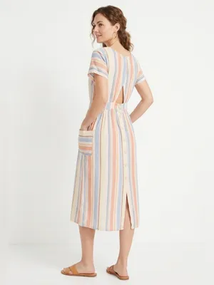 a.n.a Striped Linen Blend Midi Dress Open Back Pockets Women’s Size M thumbnail 2