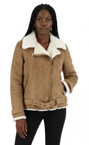 Forever 21 Womens Faux Suede Aviator Jacket Brown Belted Moto Vegan Biker Size M thumbnail 1