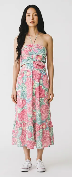 Lush Floral Hatler Midi Dress Pink Green Botanical Print Dress L NWT Beach Ready thumbnail 1