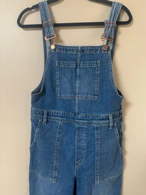 GAP long & Lean side zip dark denim bib overalls flare leg size Medium thumbnail 11
