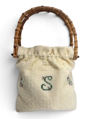 Vintage Monogram “S” Embroidered Cross Stitch Bamboo Handle Cottagecore Bag thumbnail 1