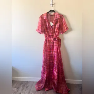 NWT STAUD Millie Dress Pink Plaid Sheer Maxi Bohemian Lagenlook Beachy Size 4 thumbnail 3