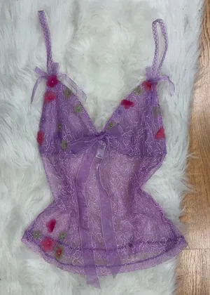 Y2k Delicates purple lace cami top 3D floral Bow fairy euro thumbnail 1