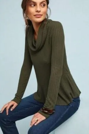 Maeve for Anthropologie Ribbed Knit Top Cowl Neck Flared Hem Olive Green thumbnail 1